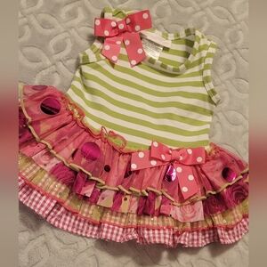 Bonnie Baby Green and White Striped Dress with Pink Bow